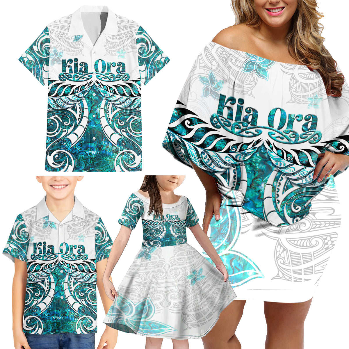 New Zealand Aotearoa Kia Ora Family Matching Off Shoulder Short Dress and Hawaiian Shirt Paua Shell Maori Silver Fern LT05 - Polynesian Pride