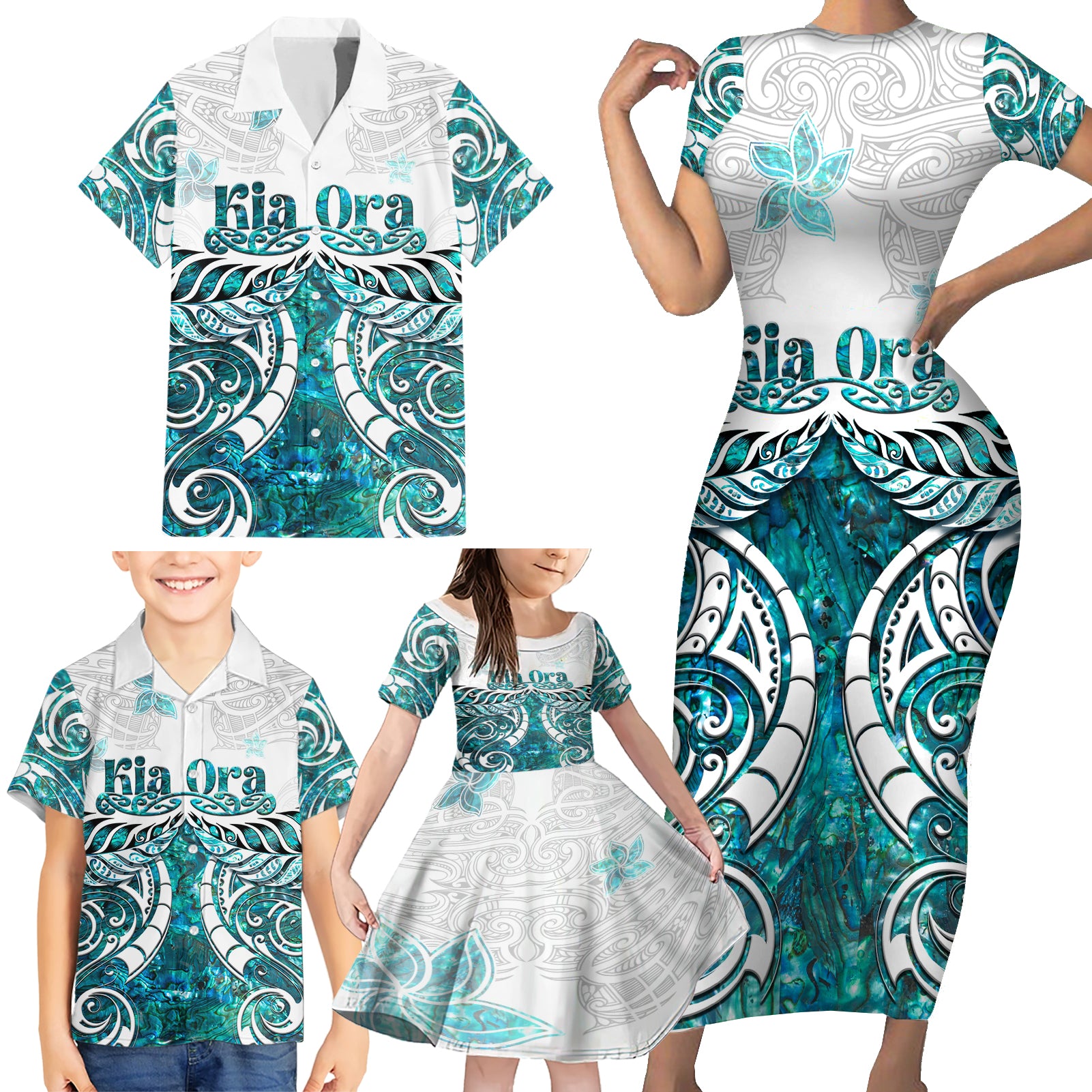 New Zealand Aotearoa Kia Ora Family Matching Short Sleeve Bodycon Dress and Hawaiian Shirt Paua Shell Maori Silver Fern LT05 - Polynesian Pride