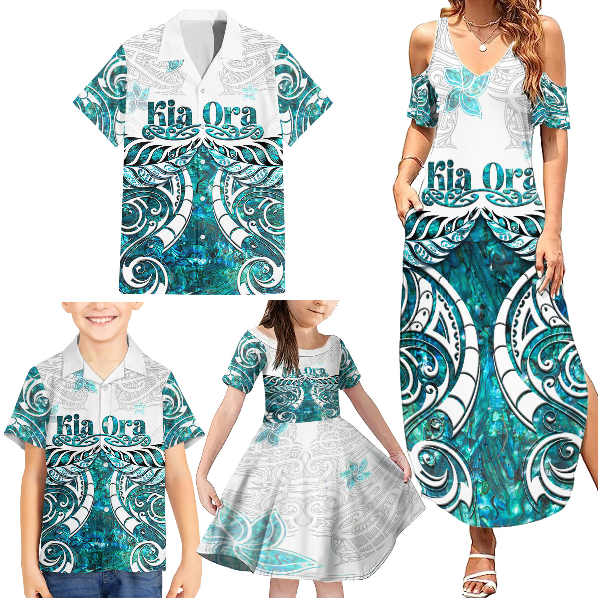 New Zealand Aotearoa Kia Ora Family Matching Summer Maxi Dress and Hawaiian Shirt Paua Shell Maori Silver Fern LT05 - Polynesian Pride