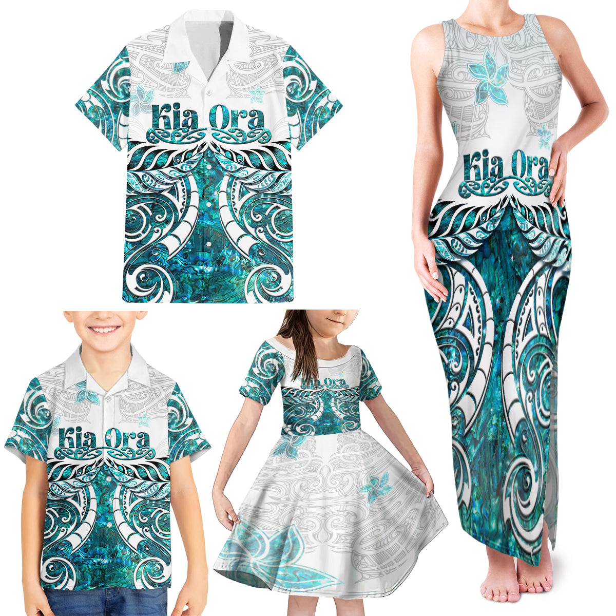 New Zealand Aotearoa Kia Ora Family Matching Tank Maxi Dress and Hawaiian Shirt Paua Shell Maori Silver Fern LT05 - Polynesian Pride