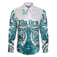 New Zealand Aotearoa Kia Ora Family Matching Tank Maxi Dress and Hawaiian Shirt Paua Shell Maori Silver Fern LT05 Dad's Shirt - Long Sleeve Turquoise - Polynesian Pride