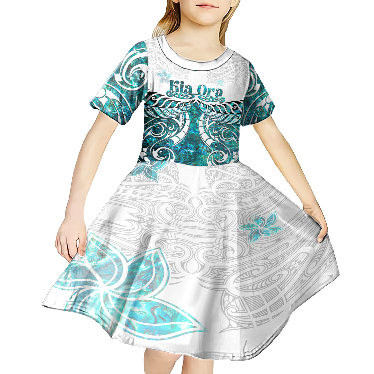 New Zealand Aotearoa Kia Ora Kid Short Sleeve Dress Paua Shell Maori Silver Fern LT05 - Polynesian Pride