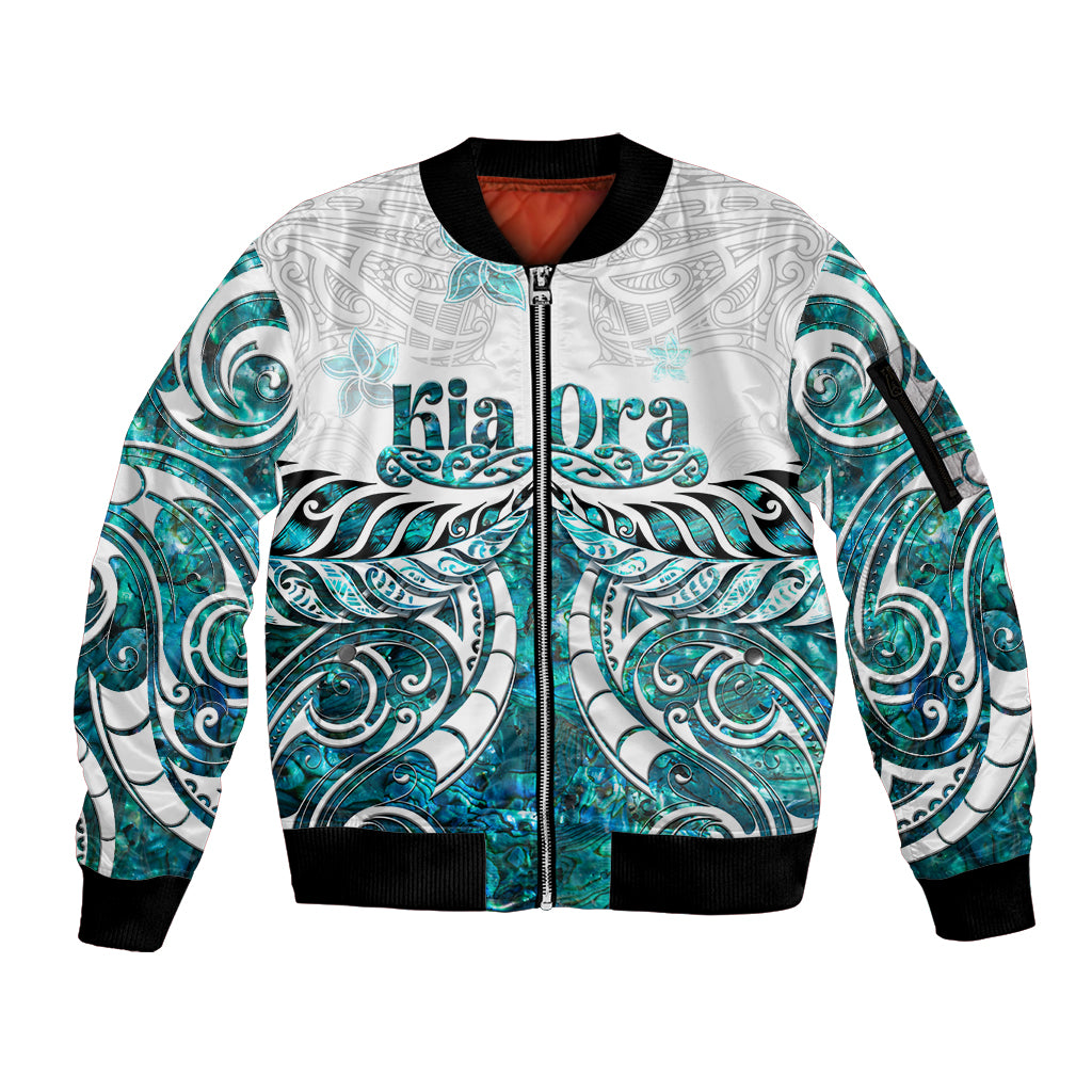 New Zealand Aotearoa Kia Ora Sleeve Zip Bomber Jacket Paua Shell Maori Silver Fern LT05 Unisex Turquoise - Polynesian Pride