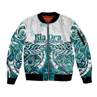New Zealand Aotearoa Kia Ora Sleeve Zip Bomber Jacket Paua Shell Maori Silver Fern LT05 Unisex Turquoise - Polynesian Pride