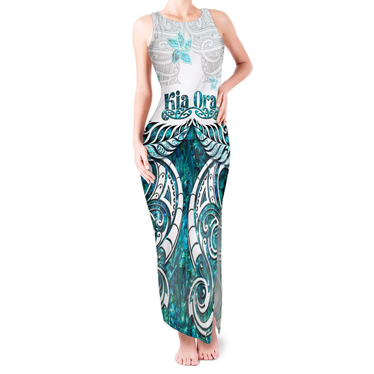 New Zealand Aotearoa Kia Ora Tank Maxi Dress Paua Shell Maori Silver Fern LT05 Women Turquoise - Polynesian Pride