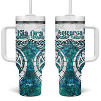 New Zealand Aotearoa Kia Ora Tumbler With Handle Paua Shell Maori Silver Fern