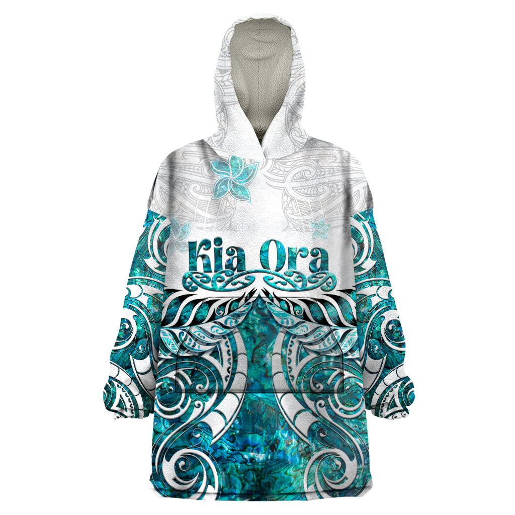 New Zealand Aotearoa Kia Ora Wearable Blanket Hoodie Paua Shell Maori Silver Fern LT05 One Size Turquoise - Polynesian Pride