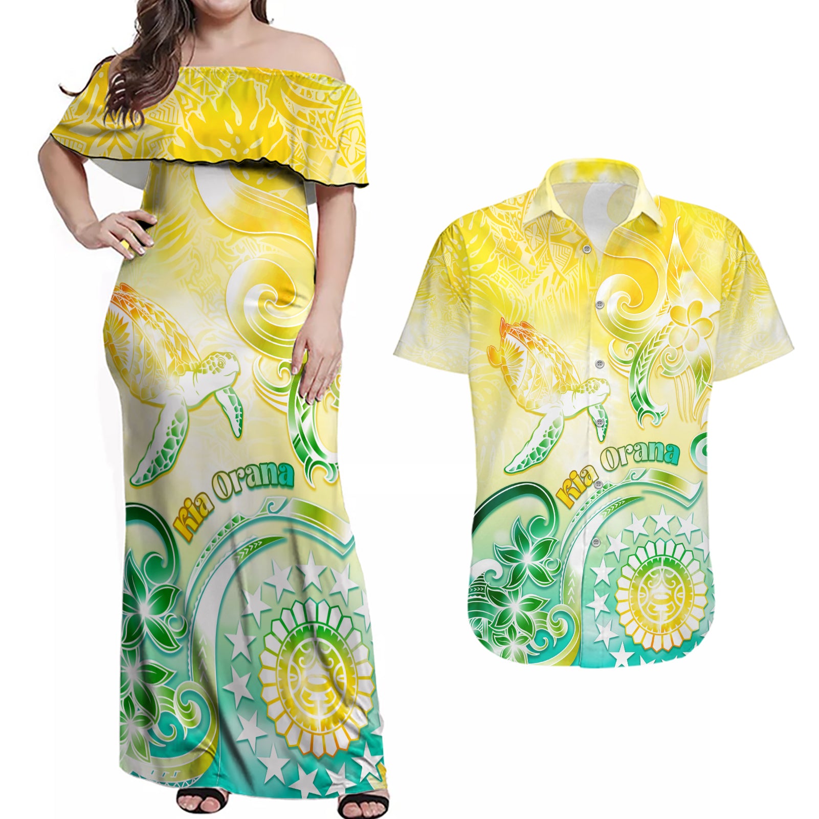 Personalised Cook Islands Kia Orana Couples Matching Off Shoulder Maxi Dress and Hawaiian Shirt Polynesian Turtle With Circle Stars LT05 Yellow - Polynesian Pride