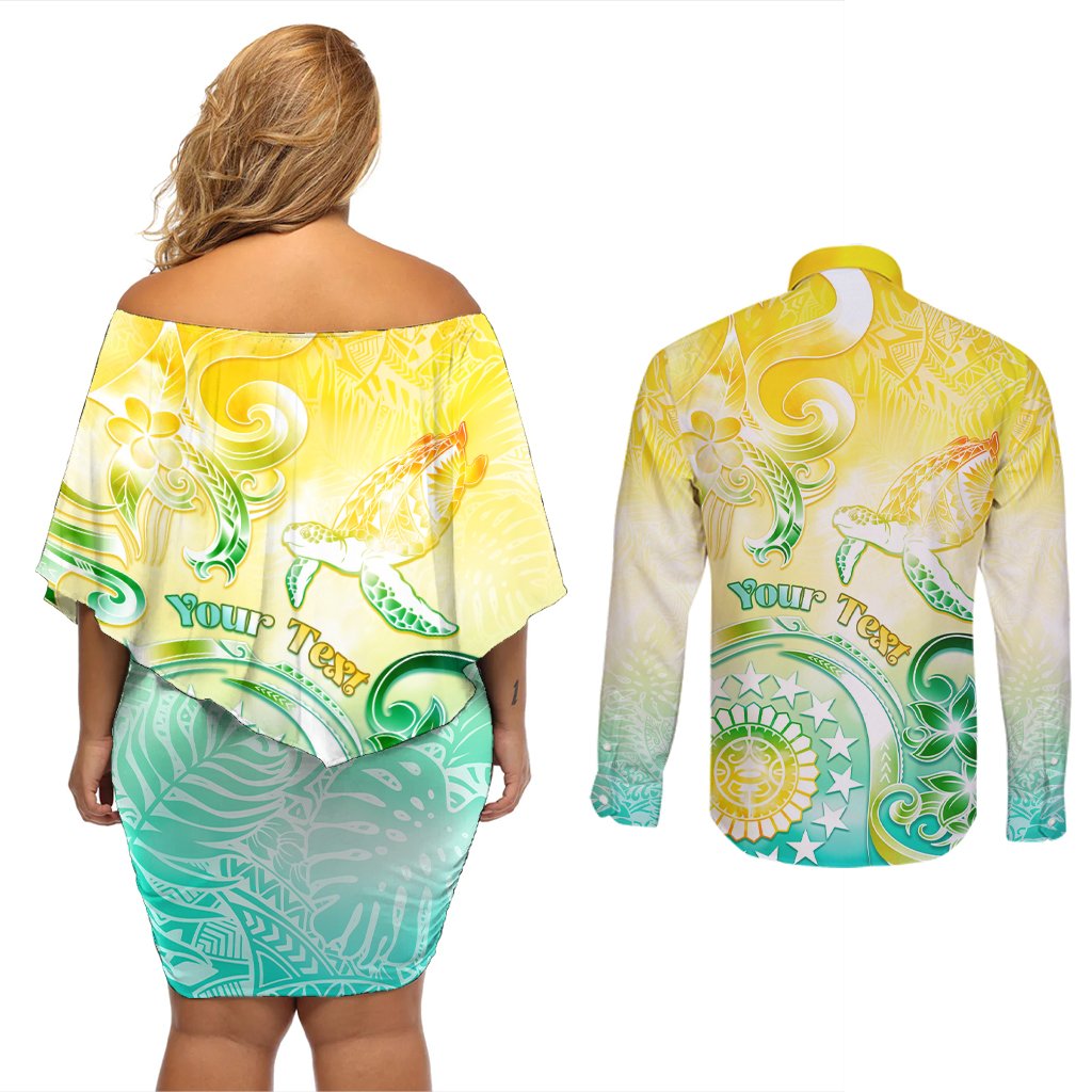 Personalised Cook Islands Kia Orana Couples Matching Off Shoulder Short Dress and Long Sleeve Button Shirt Polynesian Turtle With Circle Stars LT05 - Polynesian Pride