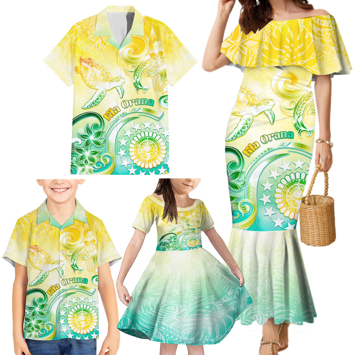 Personalised Cook Islands Kia Orana Family Matching Mermaid Dress and Hawaiian Shirt Polynesian Turtle With Circle Stars LT05 - Polynesian Pride