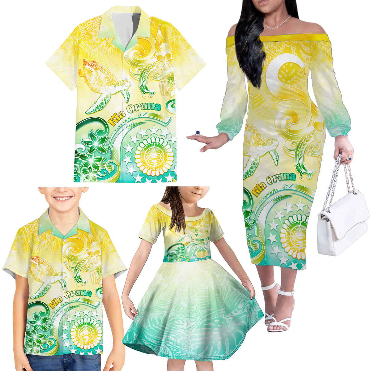 Personalised Cook Islands Kia Orana Family Matching Off Shoulder Long Sleeve Dress and Hawaiian Shirt Polynesian Turtle With Circle Stars LT05 - Polynesian Pride