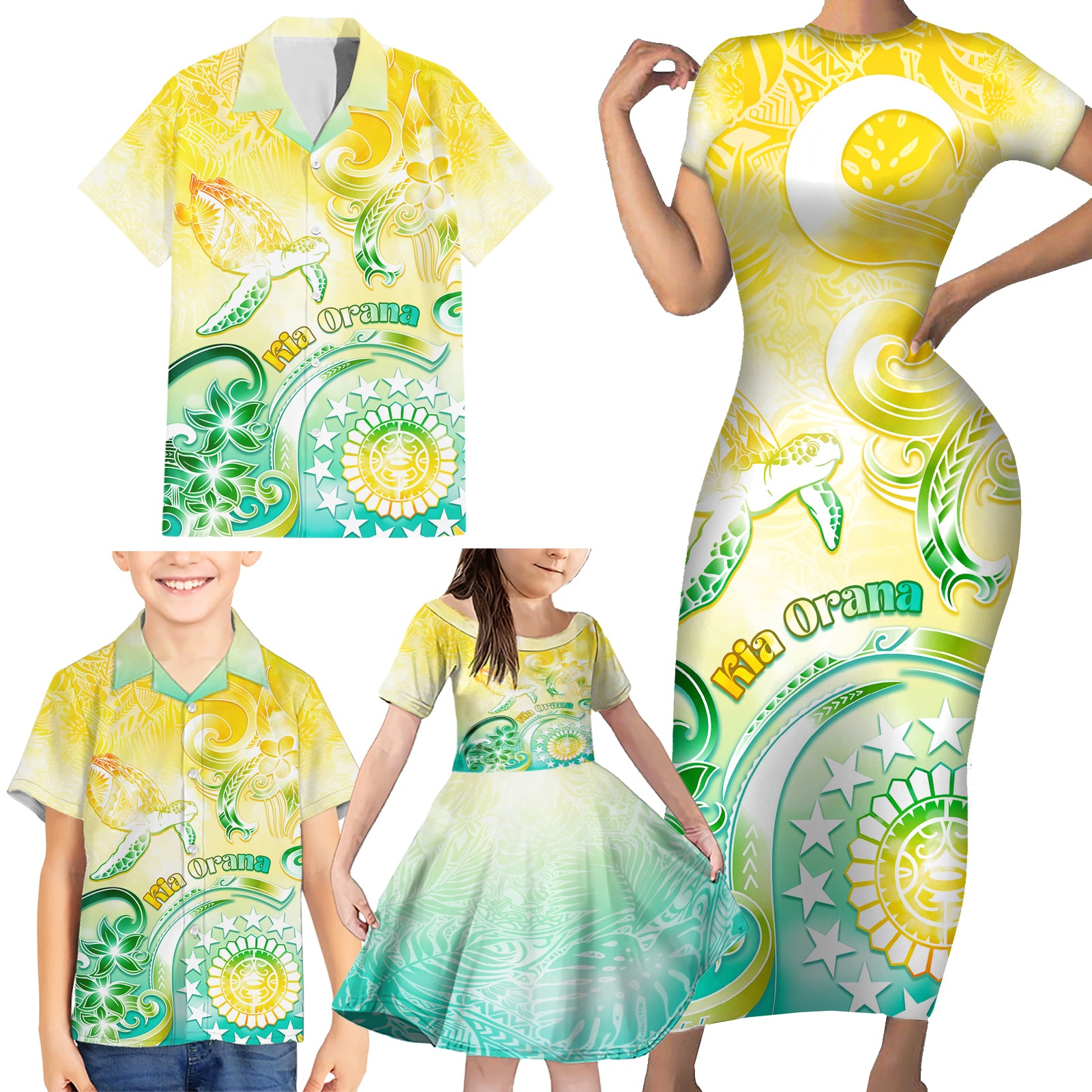 Personalised Cook Islands Kia Orana Family Matching Short Sleeve Bodycon Dress and Hawaiian Shirt Polynesian Turtle With Circle Stars LT05 - Polynesian Pride