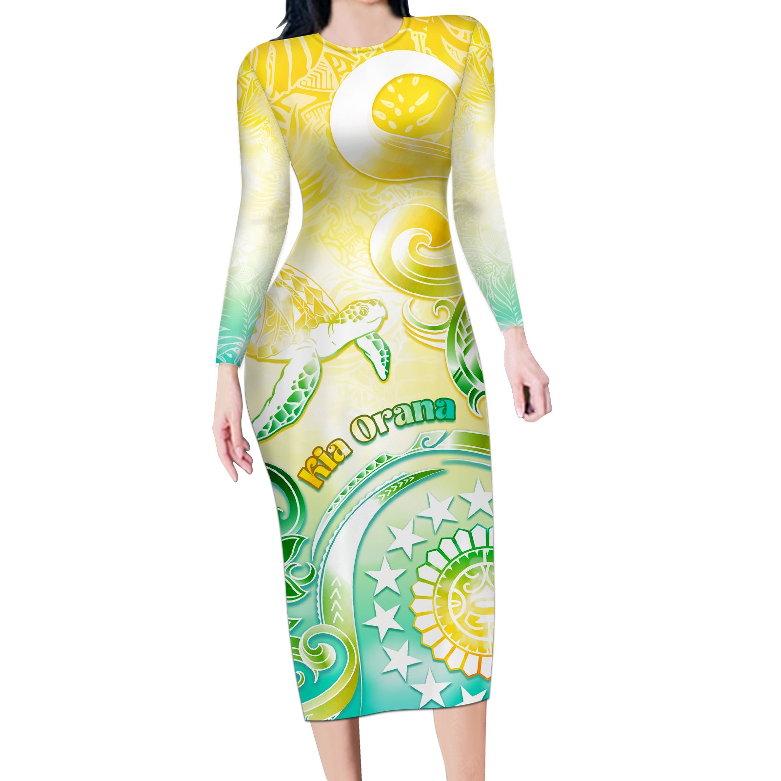 Personalised Cook Islands Kia Orana Long Sleeve Bodycon Dress Polynesian Turtle With Circle Stars LT05 Long Dress Yellow - Polynesian Pride