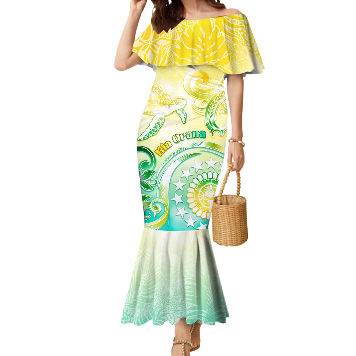 Personalised Cook Islands Kia Orana Mermaid Dress Polynesian Turtle With Circle Stars LT05 Women Yellow - Polynesian Pride