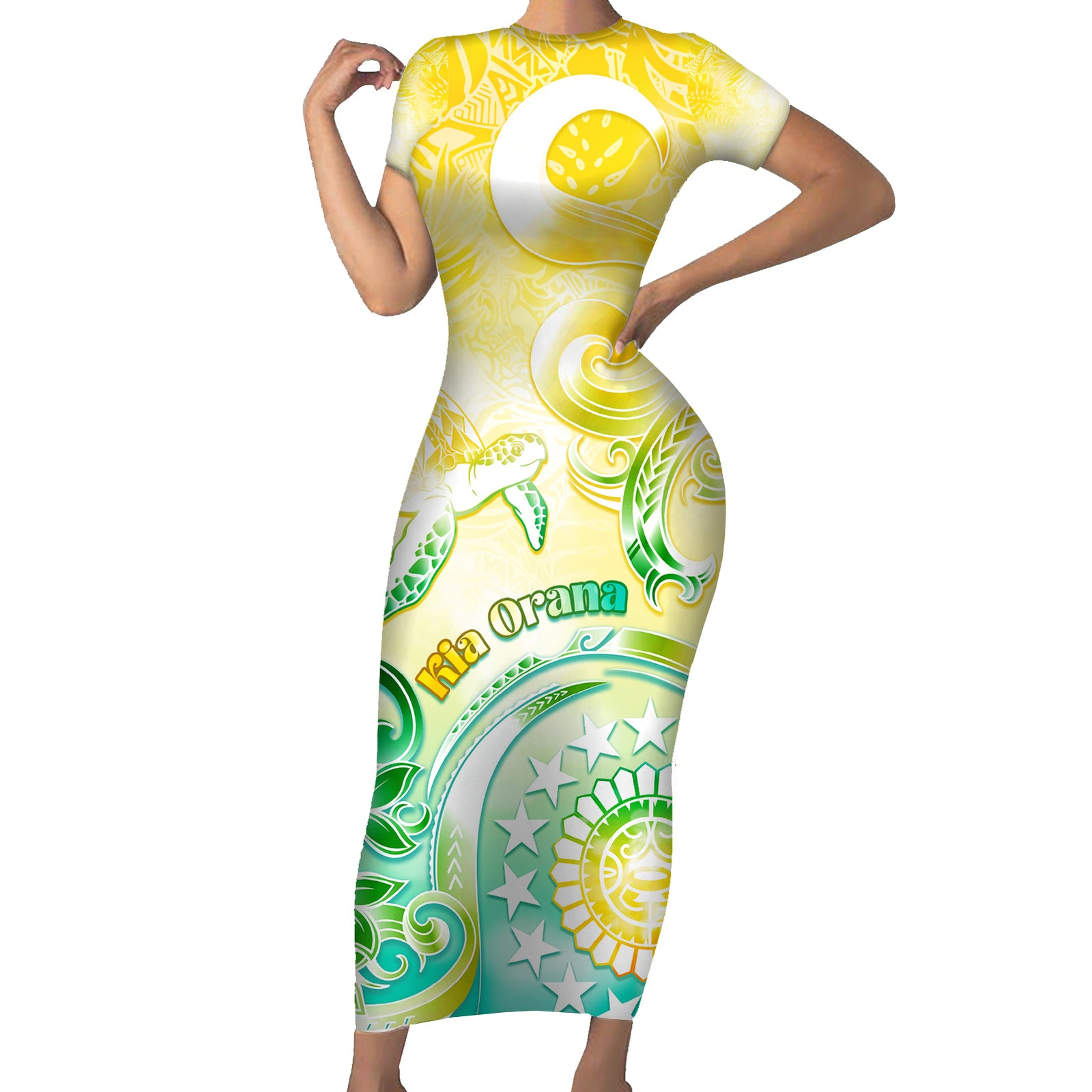 Personalised Cook Islands Kia Orana Short Sleeve Bodycon Dress Polynesian Turtle With Circle Stars LT05 Long Dress Yellow - Polynesian Pride
