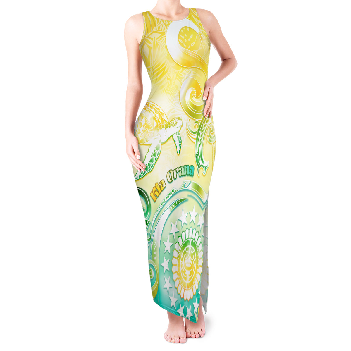 Personalised Cook Islands Kia Orana Tank Maxi Dress Polynesian Turtle With Circle Stars LT05 Women Yellow - Polynesian Pride