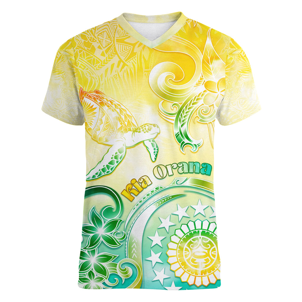Personalised Cook Islands Kia Orana Women V Neck T Shirt Polynesian Turtle With Circle Stars LT05 Female Yellow - Polynesian Pride
