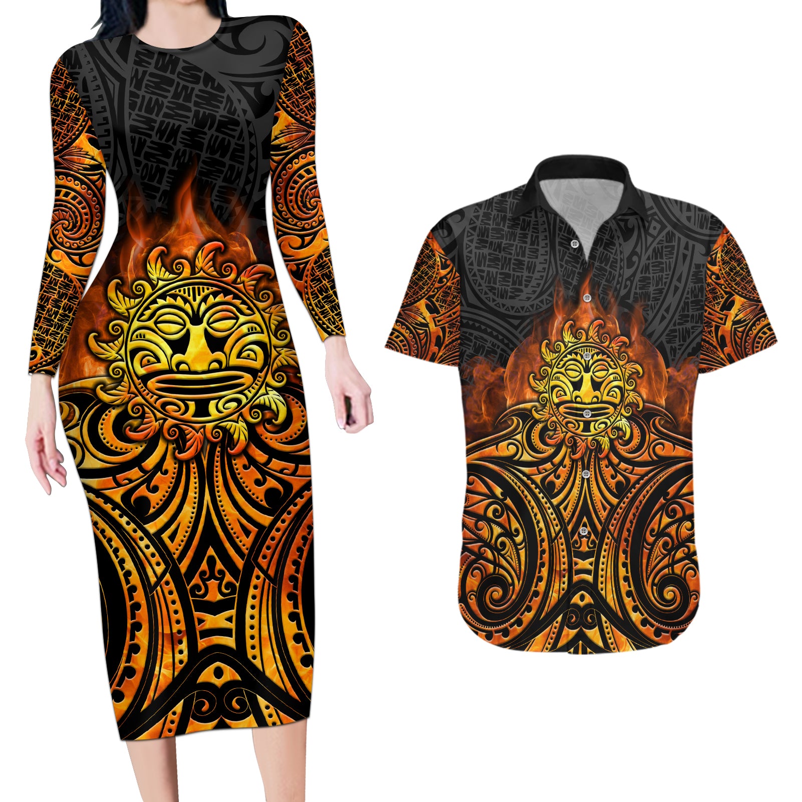 New Zealand Tamanuitera The Sun Couples Matching Long Sleeve Bodycon Dress and Hawaiian Shirt Maori Pattern