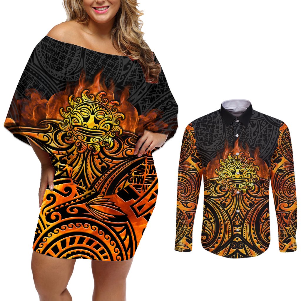 New Zealand Tamanuitera The Sun Couples Matching Off Shoulder Short Dress and Long Sleeve Button Shirt Maori Pattern