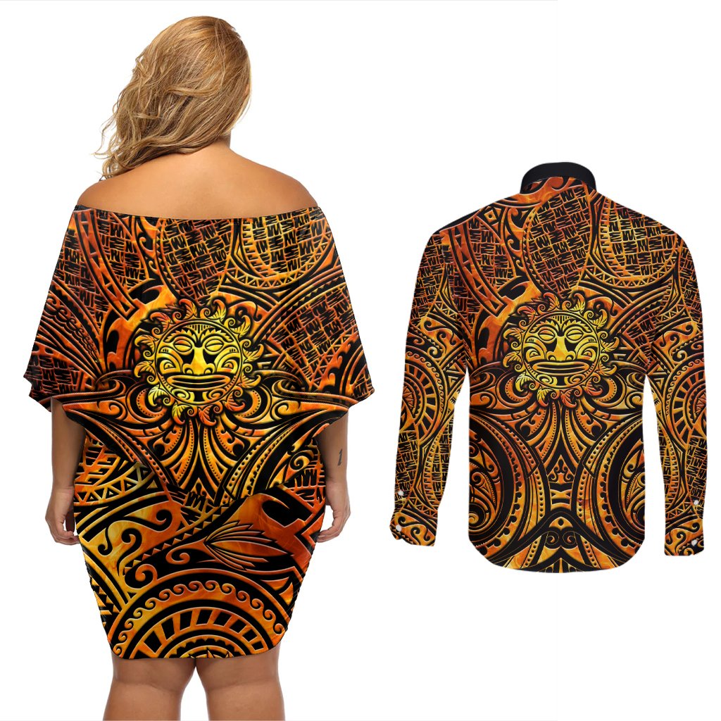 New Zealand Tamanuitera The Sun Couples Matching Off Shoulder Short Dress and Long Sleeve Button Shirt Maori Pattern