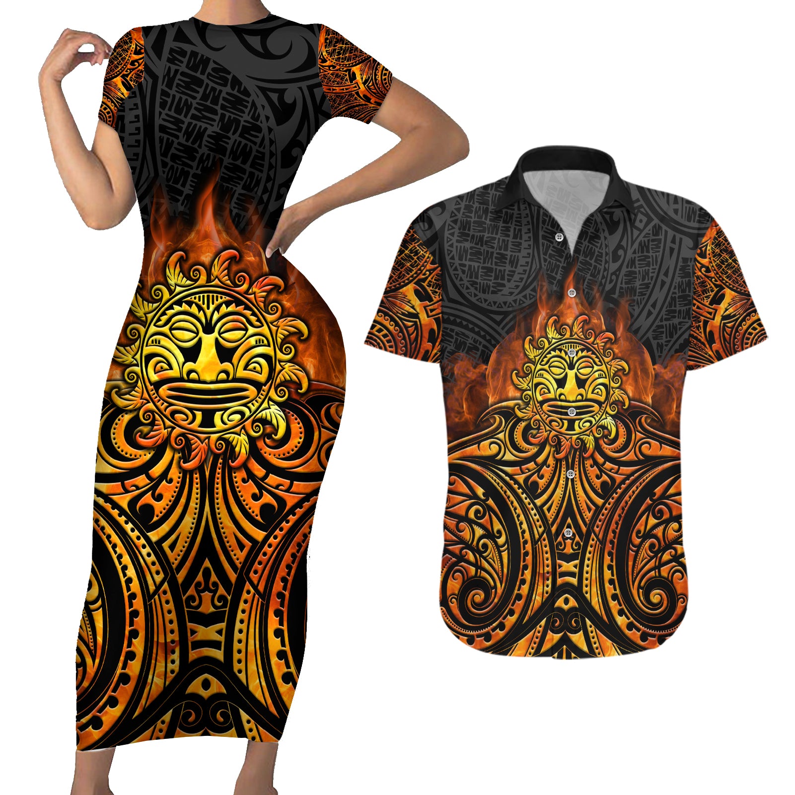 New Zealand Tamanuitera The Sun Couples Matching Short Sleeve Bodycon Dress and Hawaiian Shirt Maori Pattern