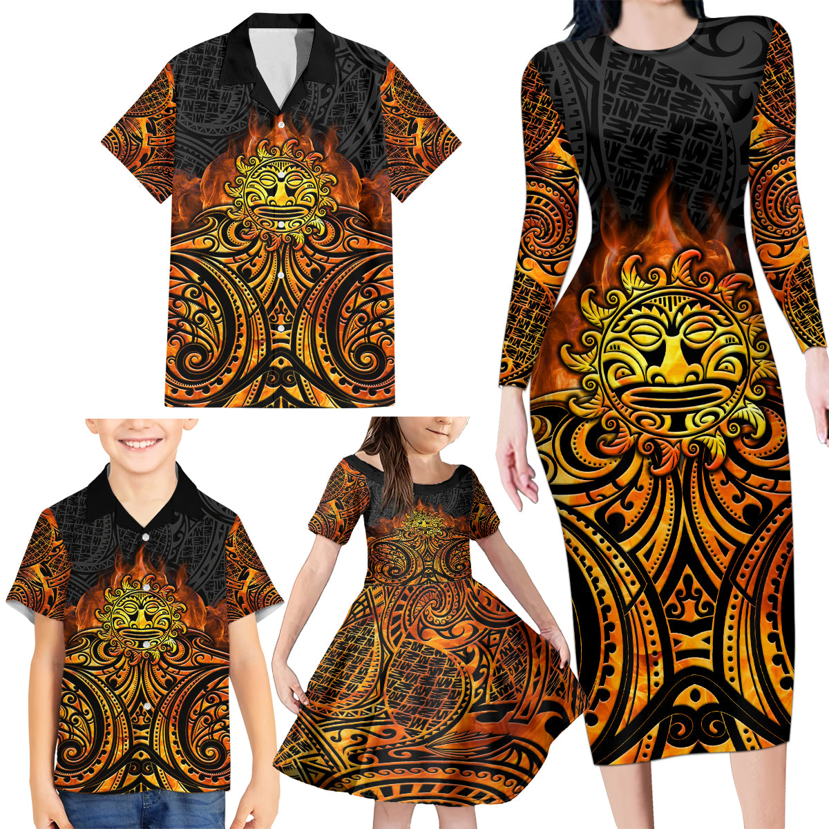 New Zealand Tamanuitera The Sun Family Matching Long Sleeve Bodycon Dress and Hawaiian Shirt Maori Pattern