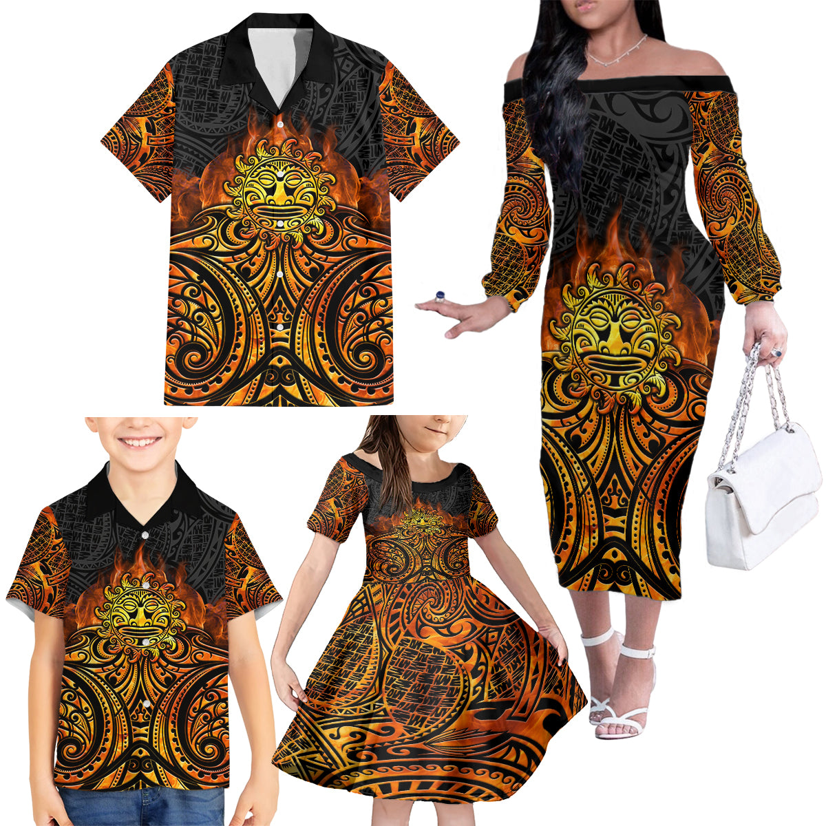 New Zealand Tamanuitera The Sun Family Matching Off The Shoulder Long Sleeve Dress and Hawaiian Shirt Maori Pattern