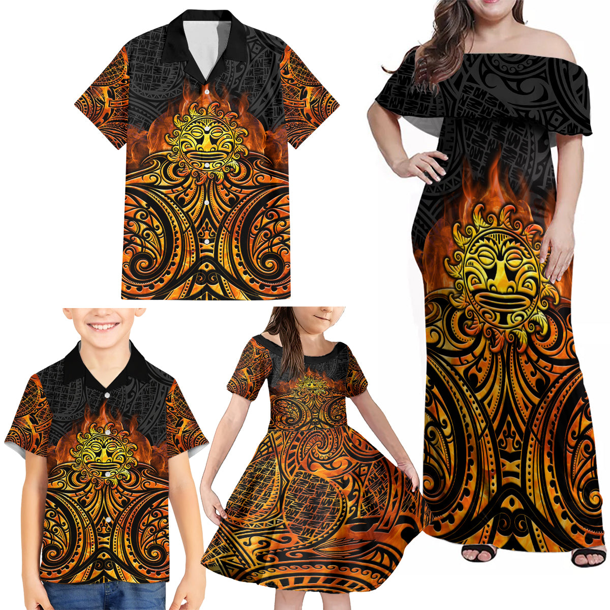 New Zealand Tamanuitera The Sun Family Matching Off Shoulder Maxi Dress and Hawaiian Shirt Maori Pattern