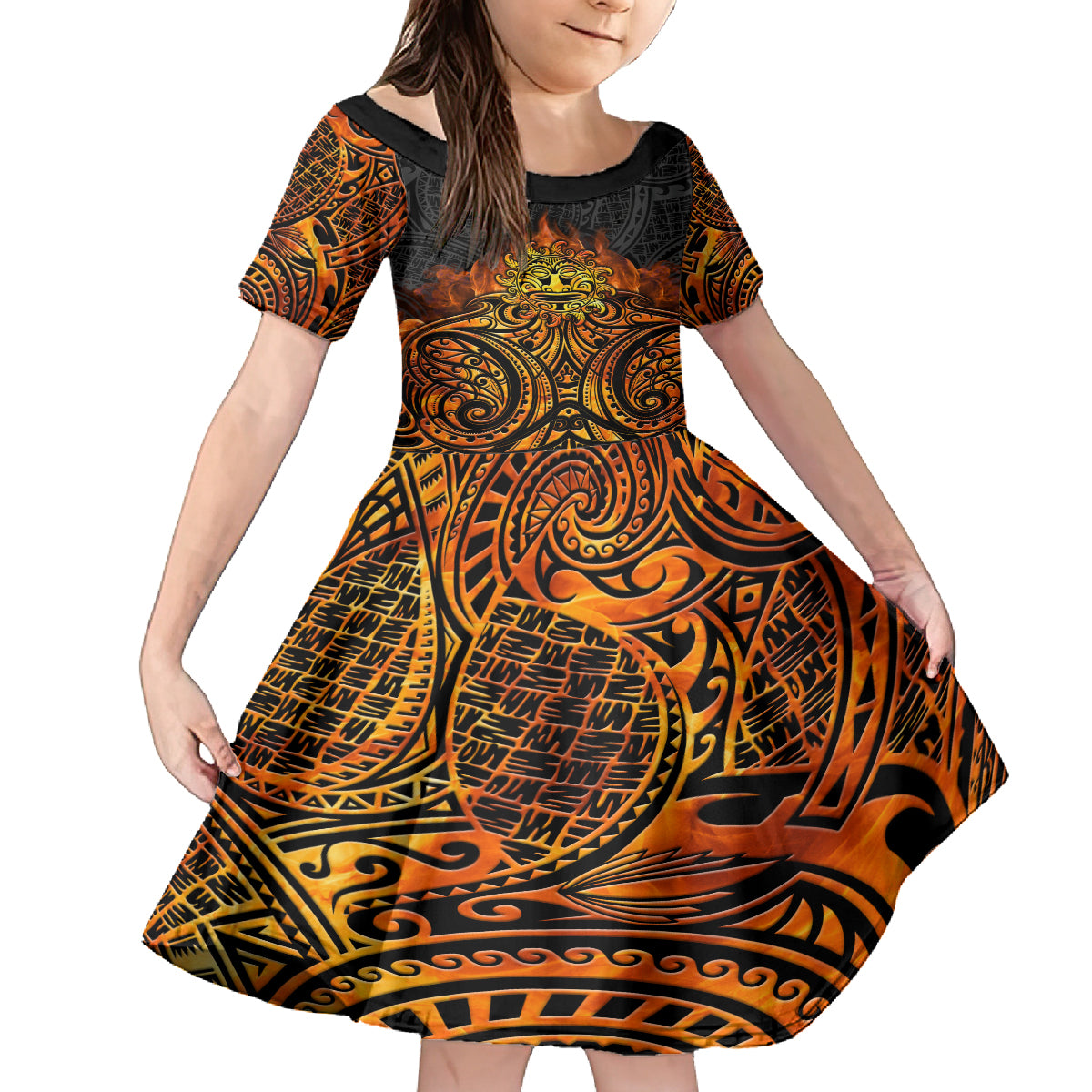 New Zealand Tamanuitera The Sun Family Matching Off Shoulder Short Dress and Hawaiian Shirt Maori Pattern LT05 Daughter's Dress Orange - Polynesian Pride