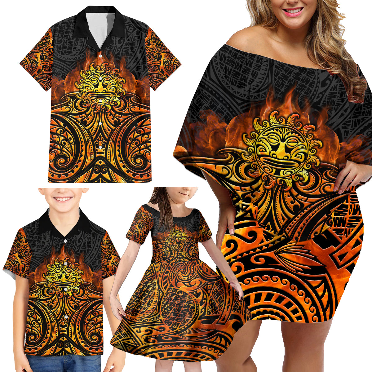 New Zealand Tamanuitera The Sun Family Matching Off Shoulder Short Dress and Hawaiian Shirt Maori Pattern