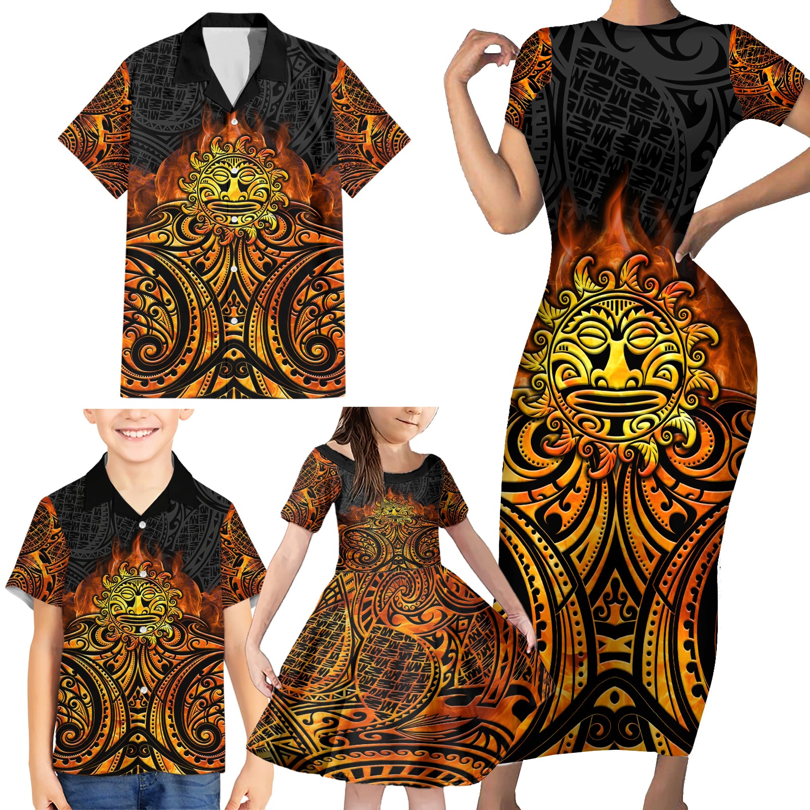 New Zealand Tamanuitera The Sun Family Matching Short Sleeve Bodycon Dress and Hawaiian Shirt Maori Pattern