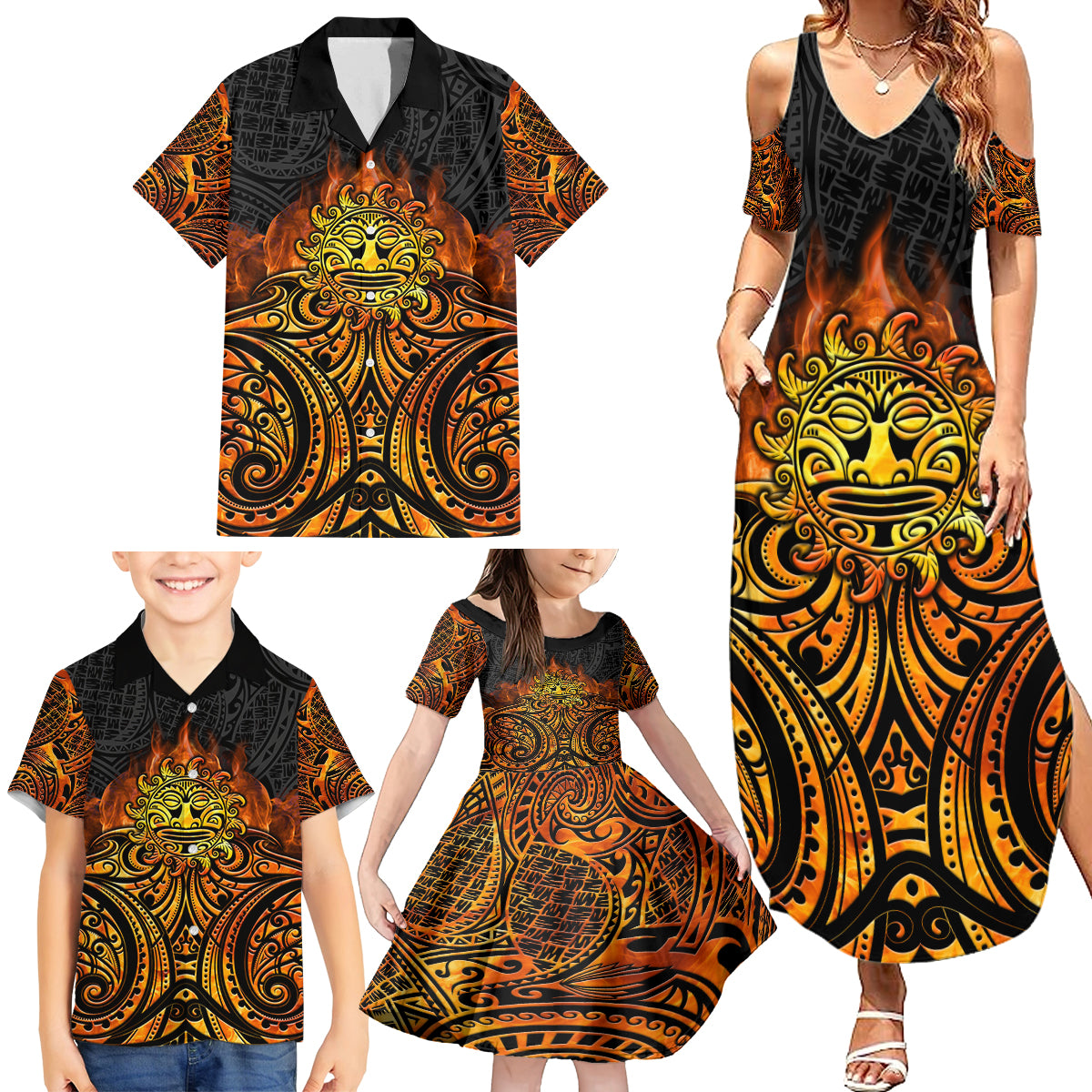 New Zealand Tamanuitera The Sun Family Matching Summer Maxi Dress and Hawaiian Shirt Maori Pattern LT05 - Polynesian Pride