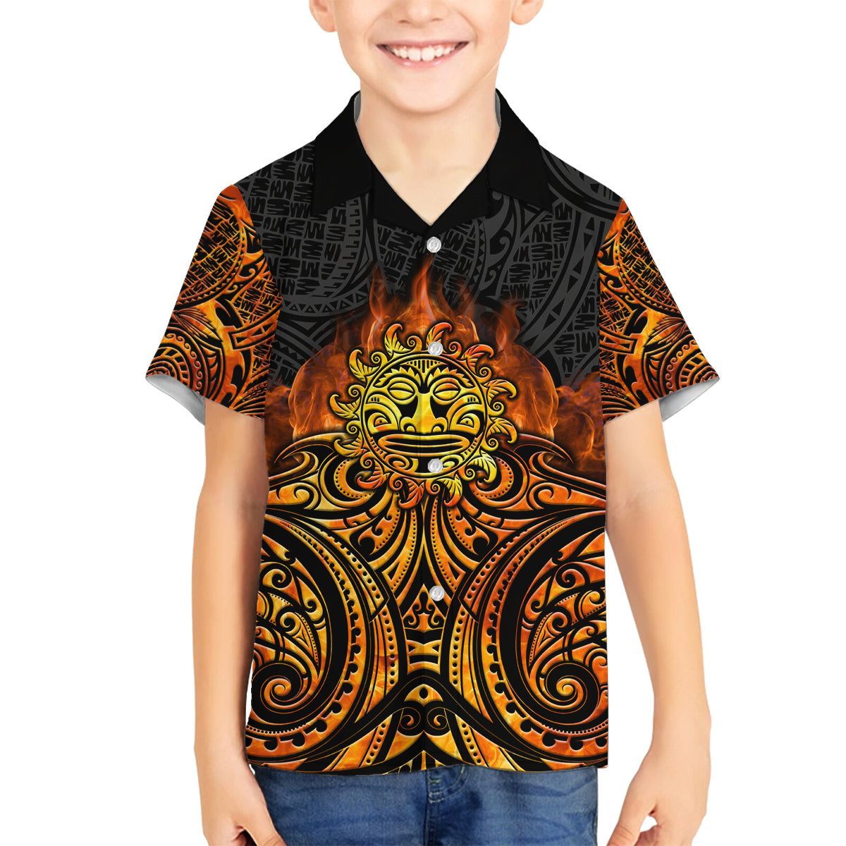 New Zealand Tamanuitera The Sun Family Matching Tank Maxi Dress and Hawaiian Shirt Maori Pattern LT05 Son's Shirt Orange - Polynesian Pride
