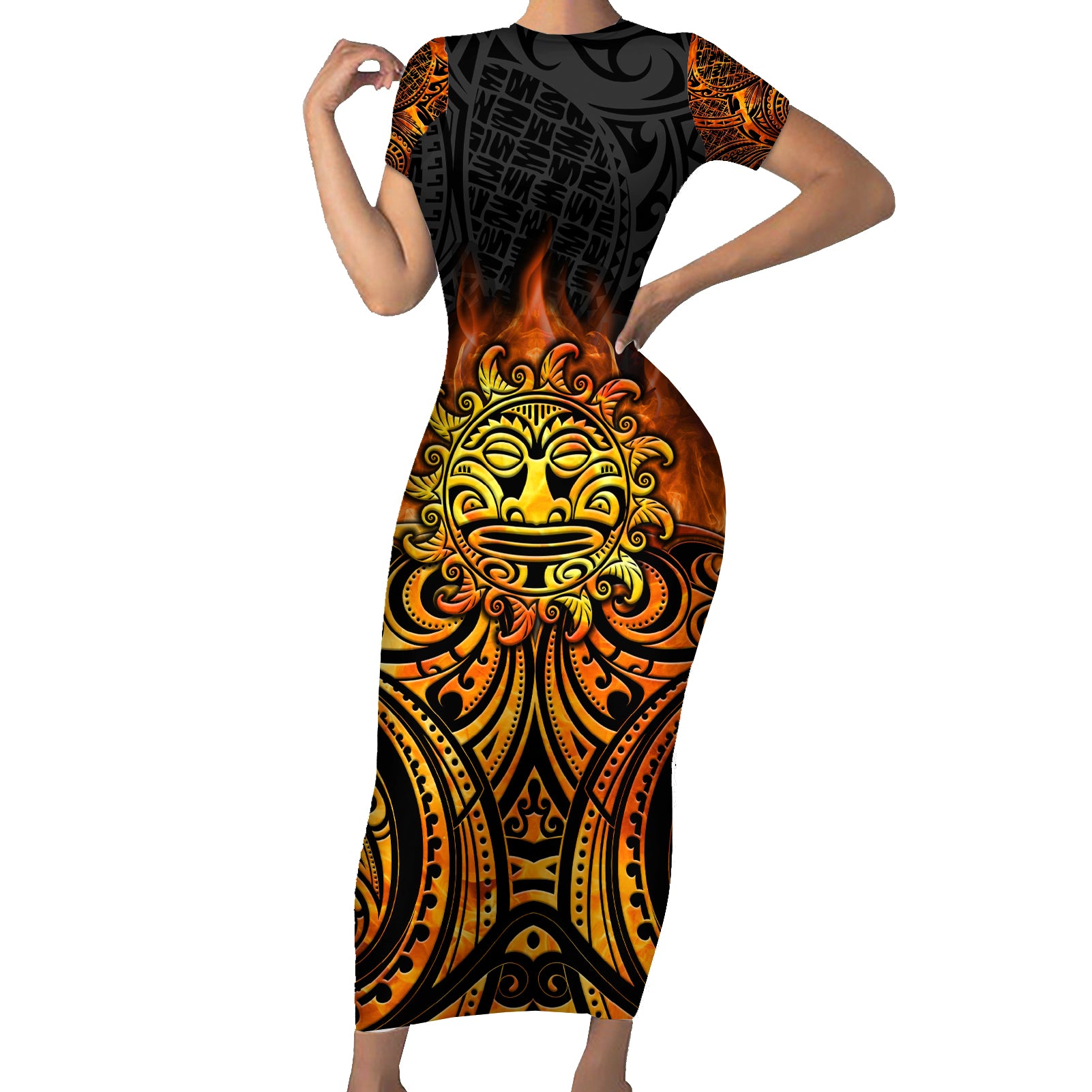 New Zealand Tamanuitera The Sun Short Sleeve Bodycon Dress Maori Pattern