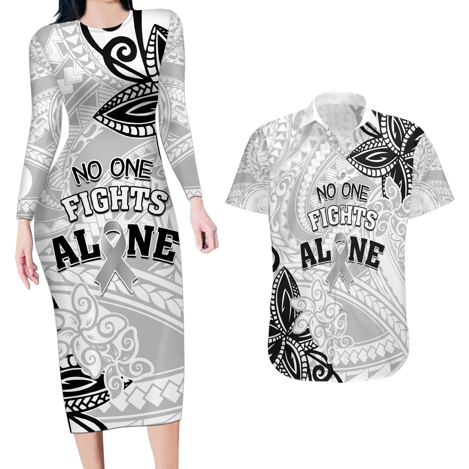 Personalised Polynesia Brain Cancer Couples Matching Long Sleeve Bodycon Dress and Hawaiian Shirt No One Fights Alone LT05 White - Polynesian Pride