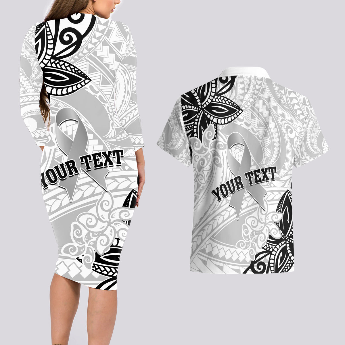 Personalised Polynesia Brain Cancer Couples Matching Long Sleeve Bodycon Dress and Hawaiian Shirt No One Fights Alone LT05 - Polynesian Pride