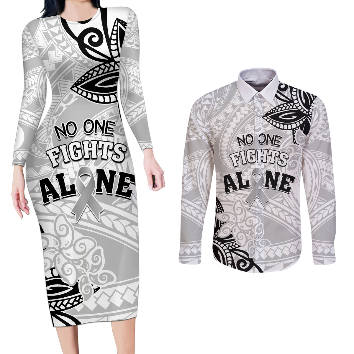 Personalised Polynesia Brain Cancer Couples Matching Long Sleeve Bodycon Dress and Long Sleeve Button Shirt No One Fights Alone LT05 White - Polynesian Pride