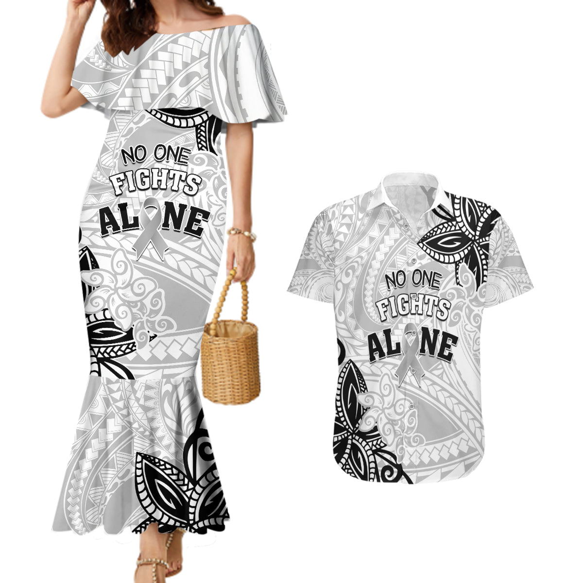 Personalised Polynesia Brain Cancer Couples Matching Mermaid Dress and Hawaiian Shirt No One Fights Alone