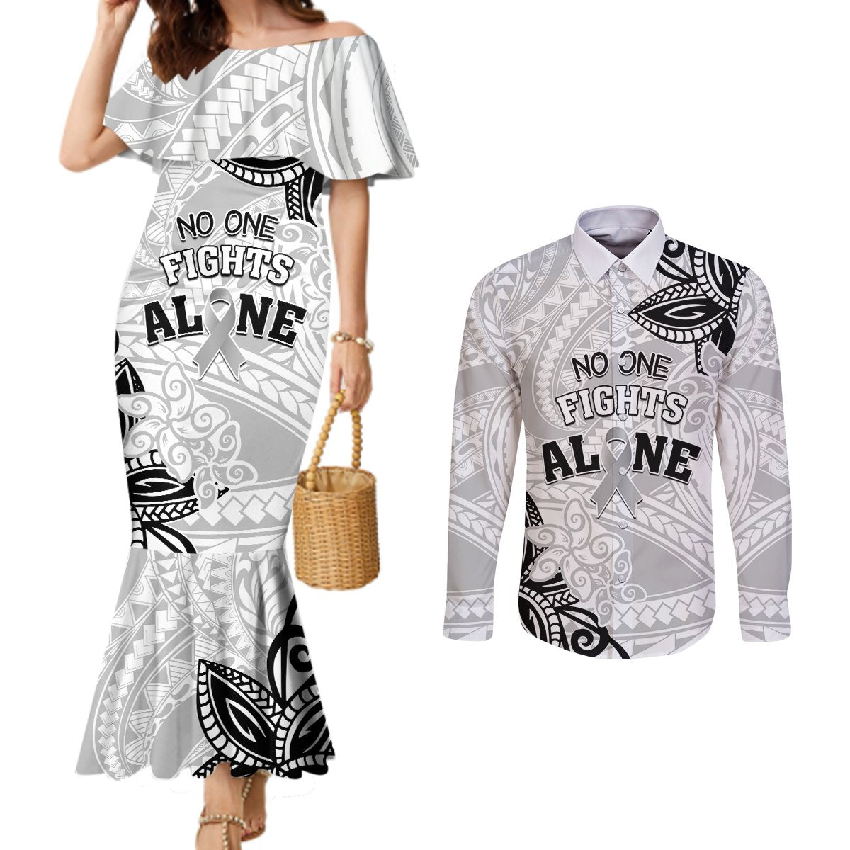 Personalised Polynesia Brain Cancer Couples Matching Mermaid Dress and Long Sleeve Button Shirt No One Fights Alone LT05 White - Polynesian Pride