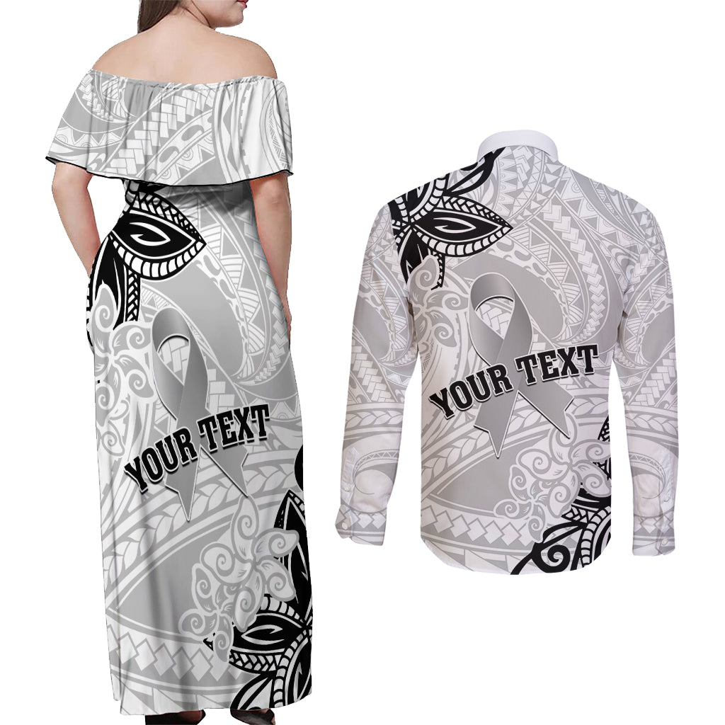 Personalised Polynesia Brain Cancer Couples Matching Off Shoulder Maxi Dress and Long Sleeve Button Shirt No One Fights Alone LT05 - Polynesian Pride