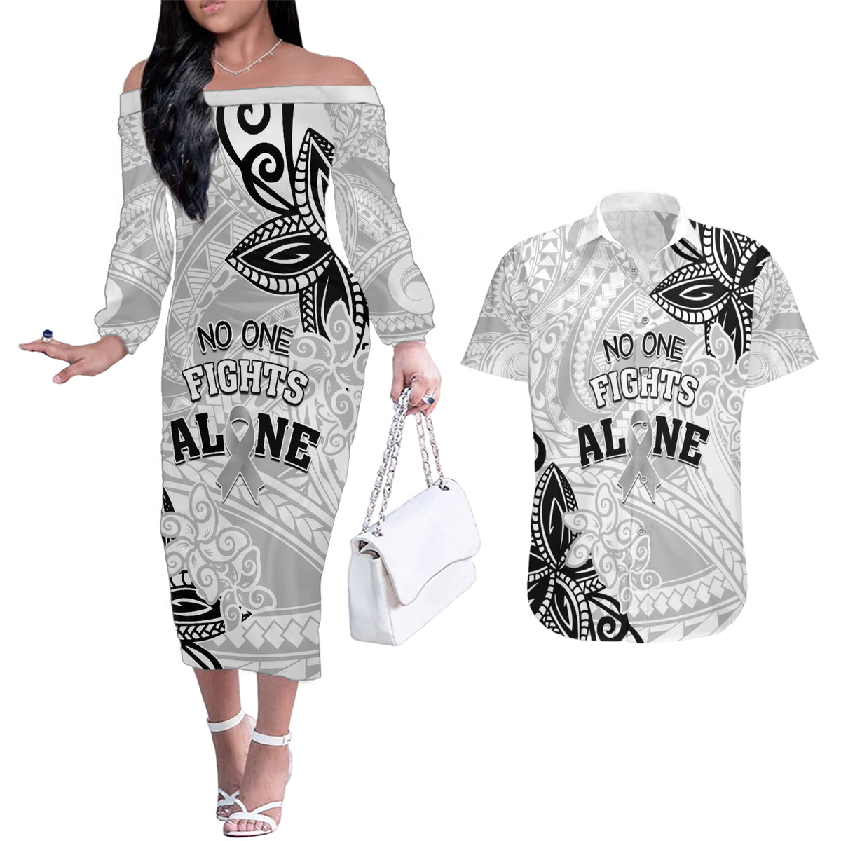 Personalised Polynesia Brain Cancer Couples Matching Off The Shoulder Long Sleeve Dress and Hawaiian Shirt No One Fights Alone LT05 White - Polynesian Pride