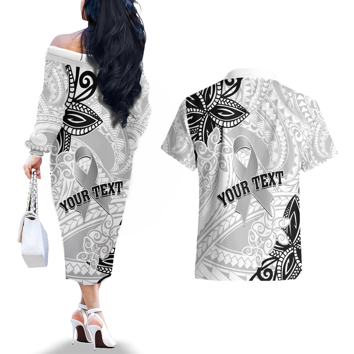 Personalised Polynesia Brain Cancer Couples Matching Off The Shoulder Long Sleeve Dress and Hawaiian Shirt No One Fights Alone LT05 - Polynesian Pride