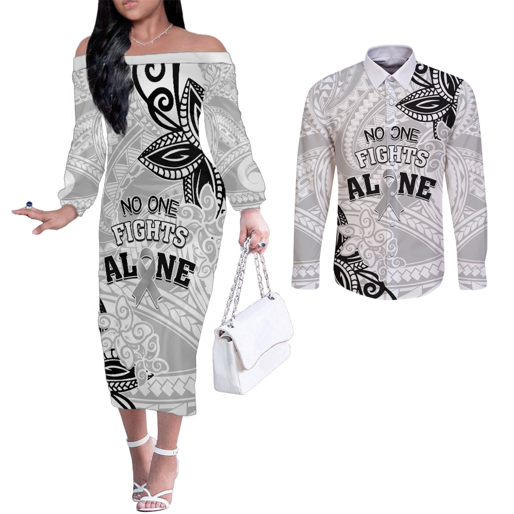 Personalised Polynesia Brain Cancer Couples Matching Off The Shoulder Long Sleeve Dress and Long Sleeve Button Shirt No One Fights Alone LT05 White - Polynesian Pride