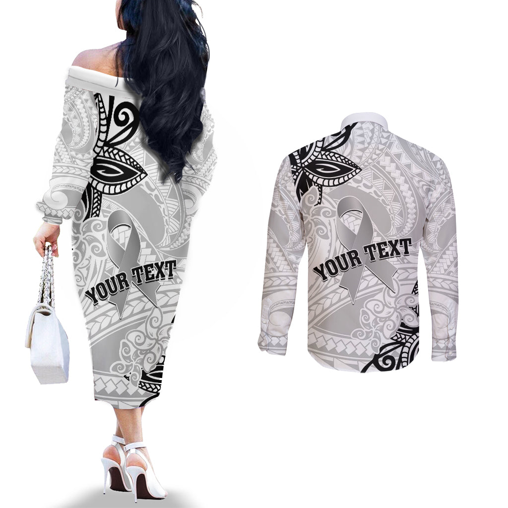 Personalised Polynesia Brain Cancer Couples Matching Off The Shoulder Long Sleeve Dress and Long Sleeve Button Shirt No One Fights Alone LT05 - Polynesian Pride