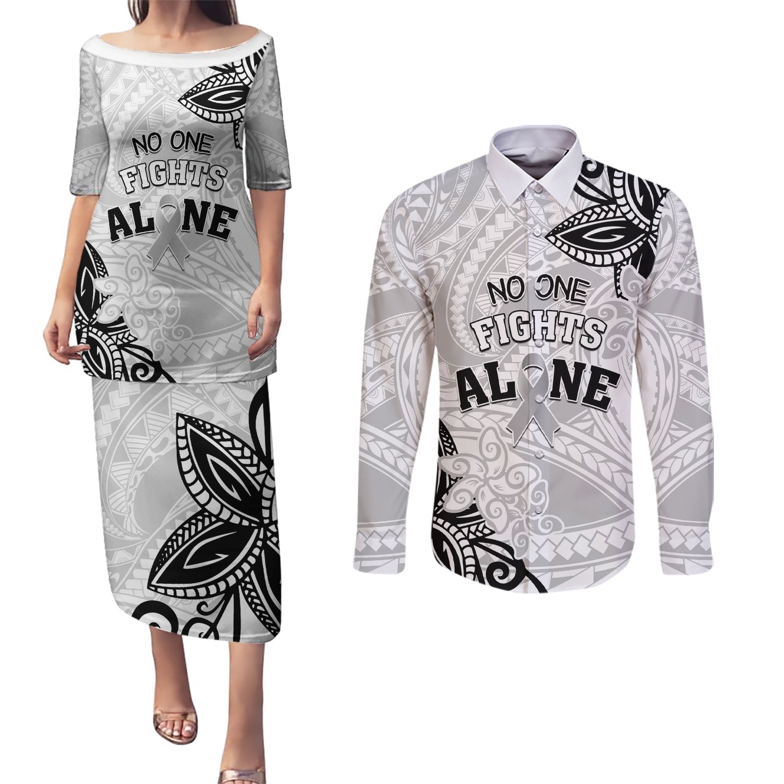 Personalised Polynesia Brain Cancer Couples Matching Puletasi and Long Sleeve Button Shirt No One Fights Alone LT05 White - Polynesian Pride