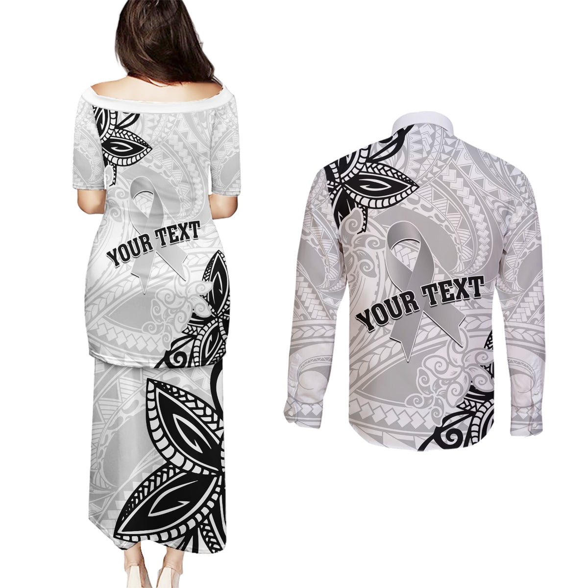 Personalised Polynesia Brain Cancer Couples Matching Puletasi and Long Sleeve Button Shirt No One Fights Alone LT05 - Polynesian Pride