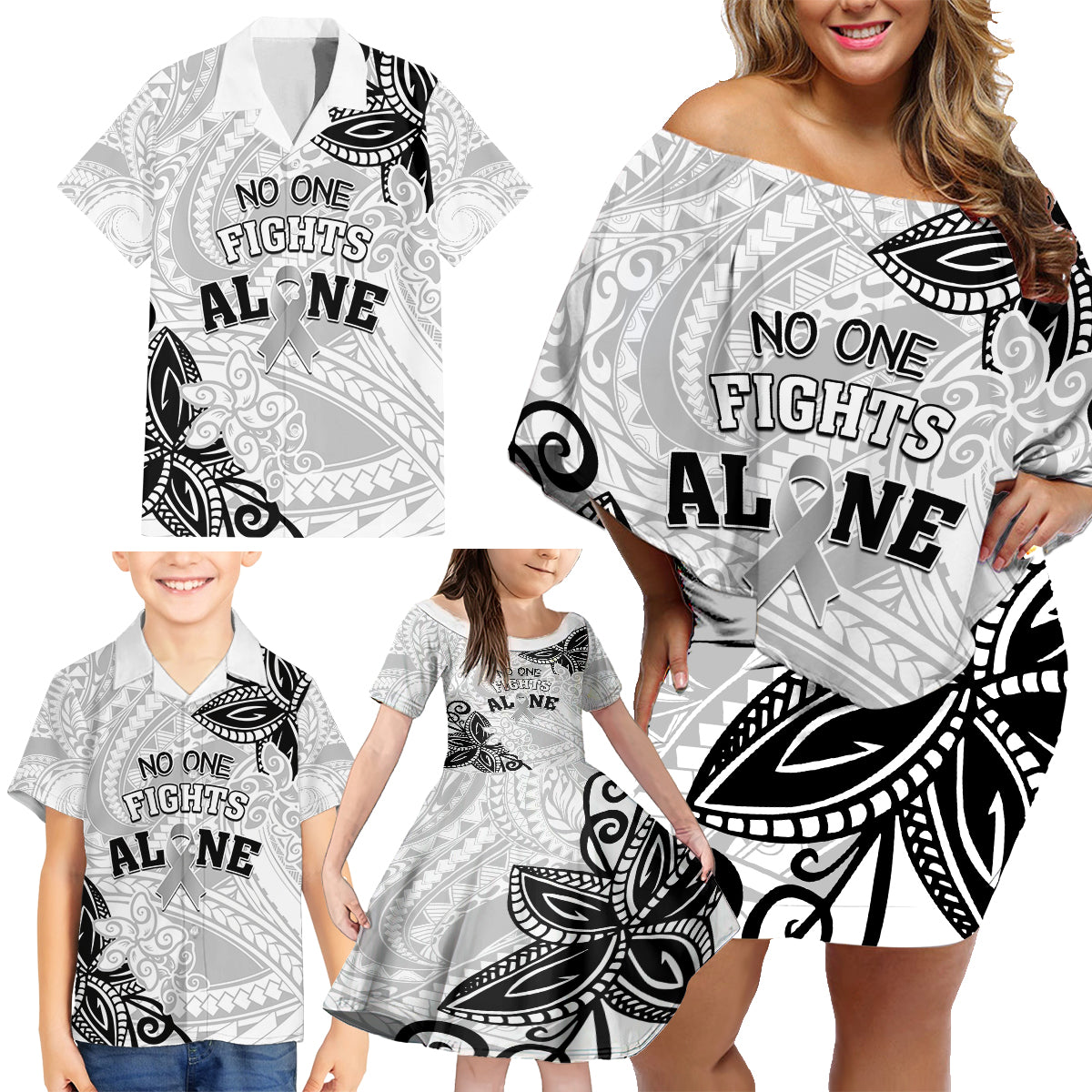 Personalised Polynesia Brain Cancer Family Matching Off Shoulder Short Dress and Hawaiian Shirt No One Fights Alone