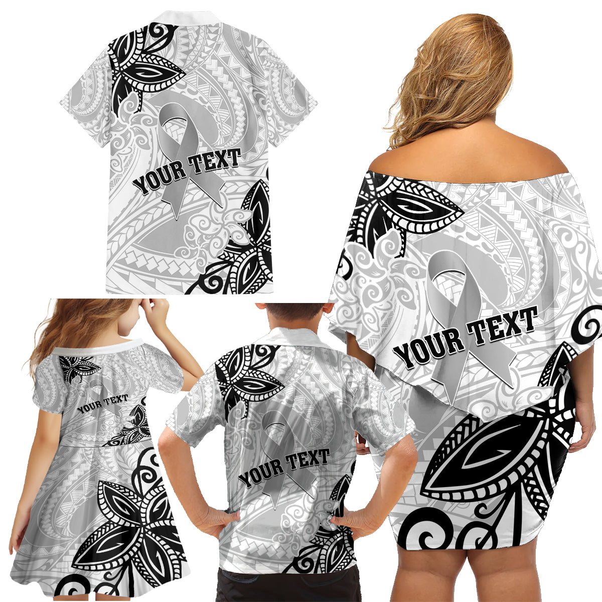 Personalised Polynesia Brain Cancer Family Matching Off Shoulder Short Dress and Hawaiian Shirt No One Fights Alone LT05 - Polynesian Pride