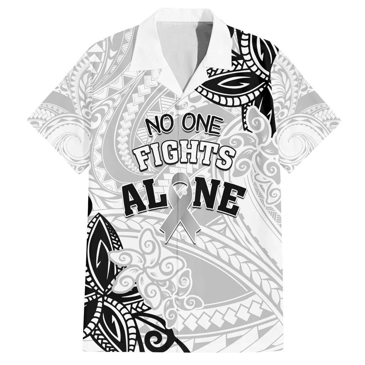 Personalised Polynesia Brain Cancer Family Matching Off Shoulder Short Dress and Hawaiian Shirt No One Fights Alone LT05 Dad's Shirt - Short Sleeve White - Polynesian Pride