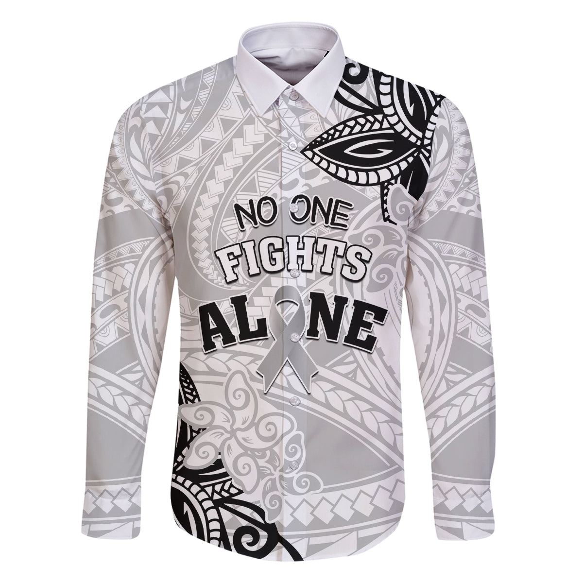 Personalised Polynesia Brain Cancer Family Matching Off Shoulder Short Dress and Hawaiian Shirt No One Fights Alone LT05 Dad's Shirt - Long Sleeve White - Polynesian Pride